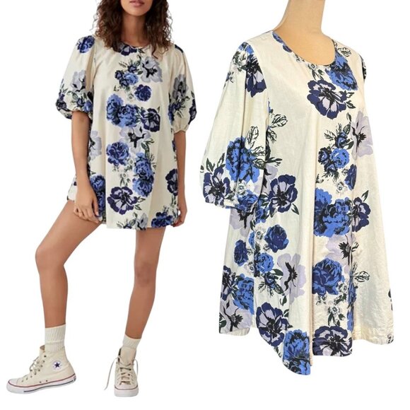 Free People Maye Printed Puff-Sleeve Tunic Dress Sz.M Cream Floral Mini Boho - Picture 1 of 15